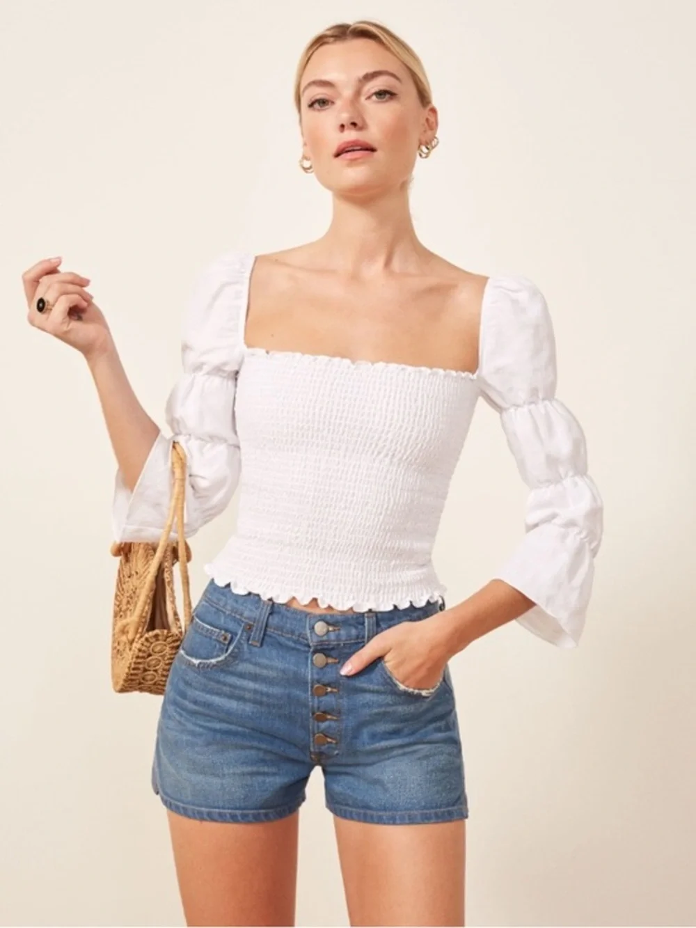 NWT Reformation Blouse Gala Too Smocked Linen Blend in White